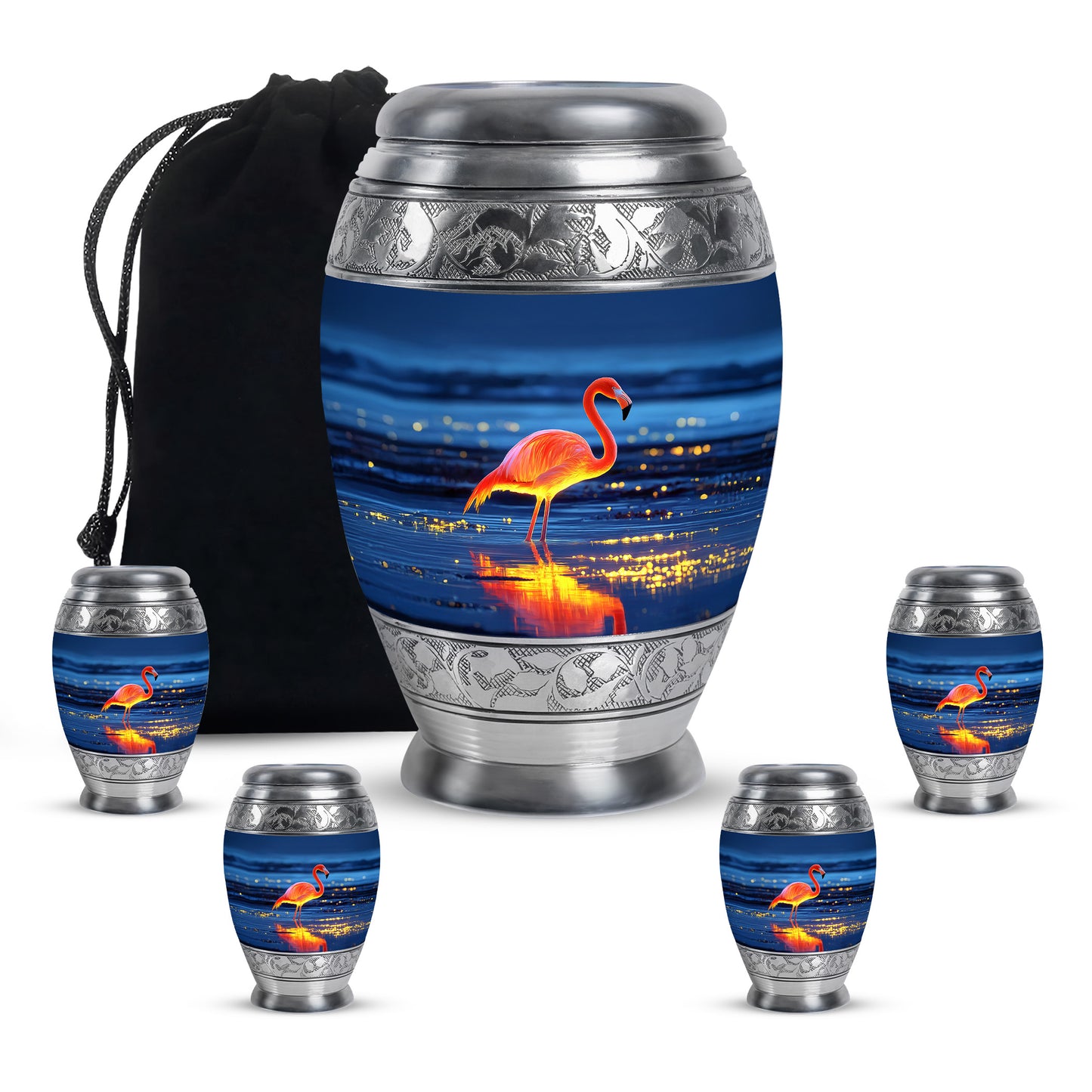 Slate Blue Flamingo Cremation Urn detail view - regal flamingo design with crown-inspired accents - memorial set with one large and four small urns