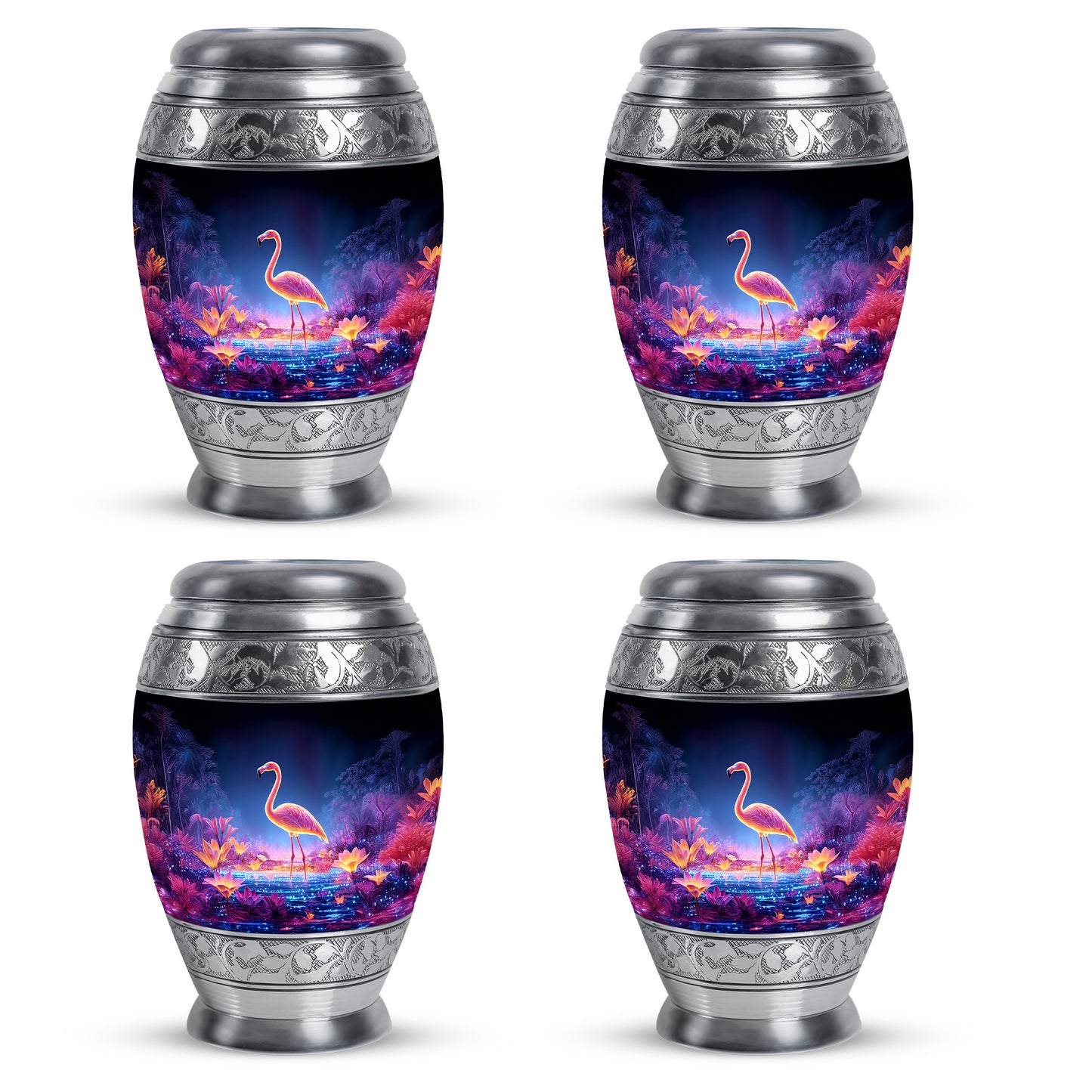 Icy Blue Flamingo Cremation Urn urn with complimentary velvet bag - regal flamingo design with crown-inspired accents - 10 inch aluminum urn for cremated remains