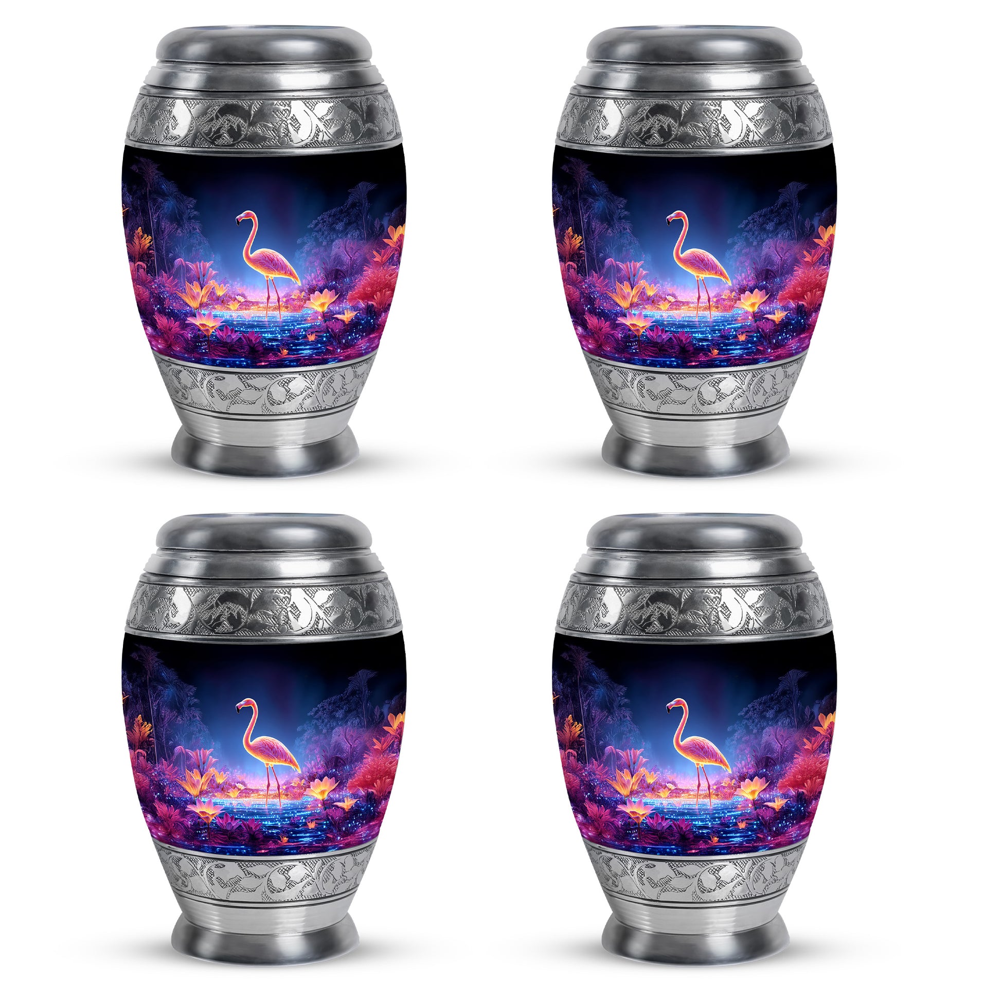 Icy Blue Flamingo Cremation Urn urn with complimentary velvet bag - regal flamingo design with crown-inspired accents - 10 inch aluminum urn for cremated remains