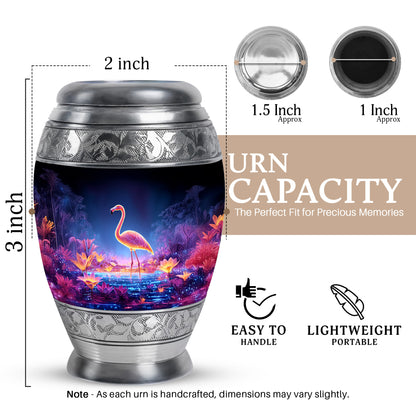 Icy Blue Flamingo Cremation Urn lifestyle display on memorial shelf - regal flamingo design with crown-inspired accents - mini keepsake memorial for portion of cremation ashes