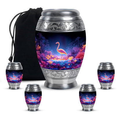 Bright Blue Flamingo Cremation Urn detail view - majestic flamingo pattern with filigree border - memorial set with one large and four small urns
