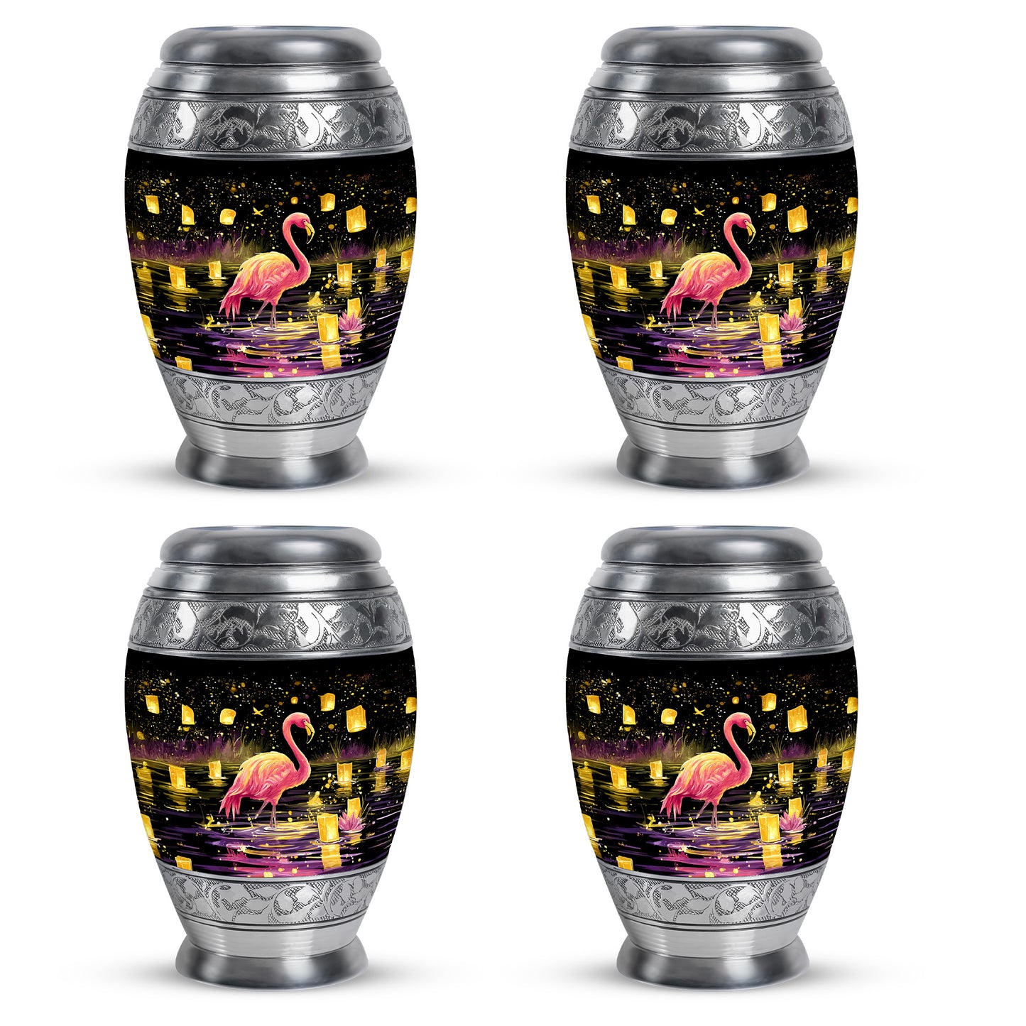 Dark Black Flamingo Cremation Urn urn with complimentary velvet bag - majestic flamingo pattern with filigree border - 10 inch aluminum urn for cremated remains