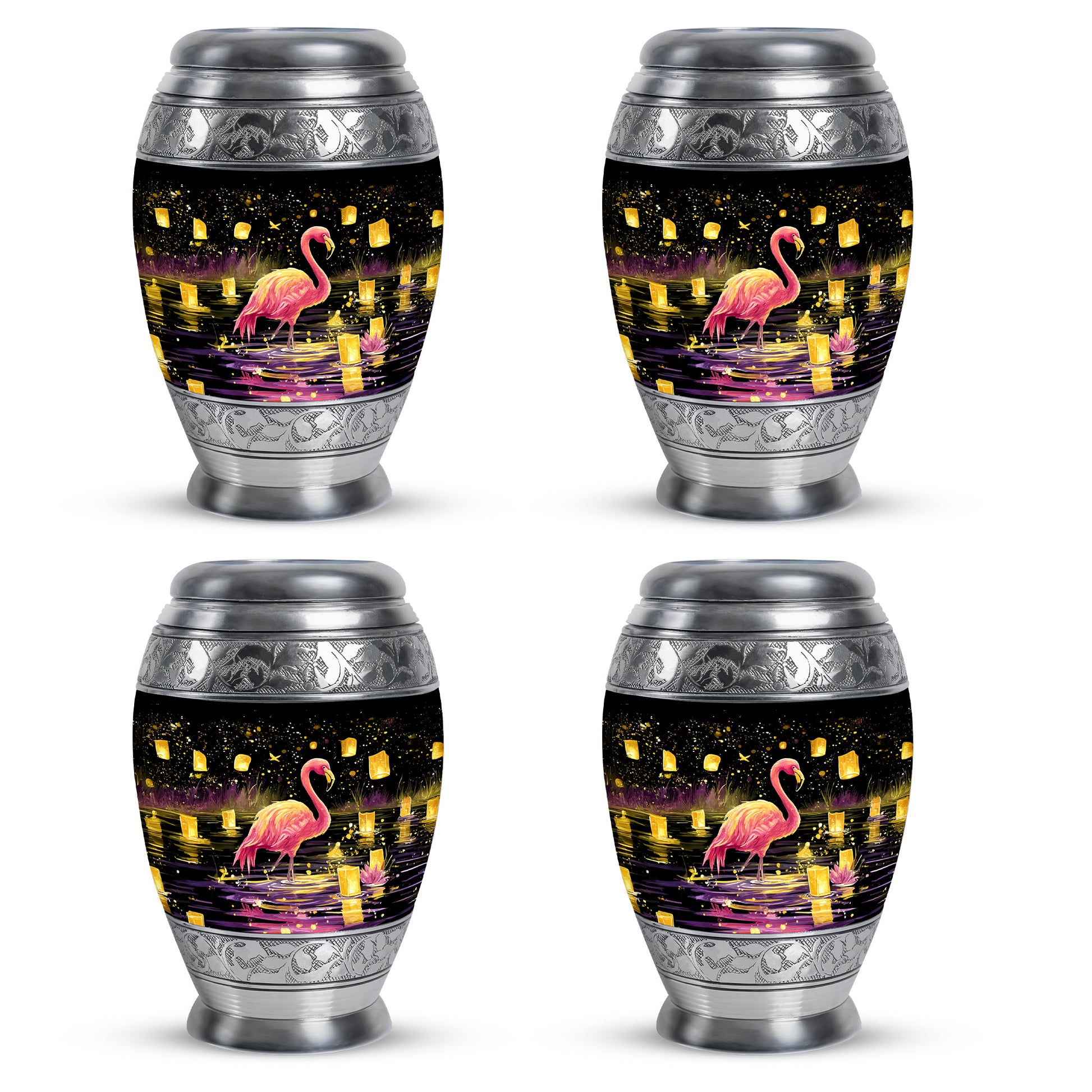 Dark Black Flamingo Cremation Urn urn with complimentary velvet bag - majestic flamingo pattern with filigree border - 10 inch aluminum urn for cremated remains