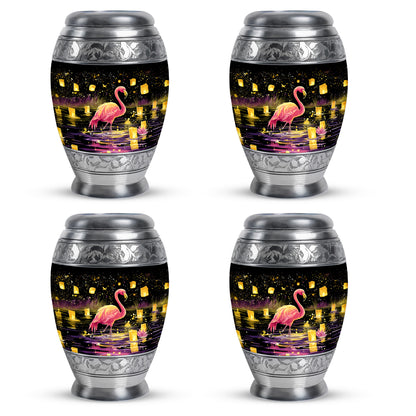 Dark Black Flamingo Cremation Urn urn with complimentary velvet bag - majestic flamingo pattern with filigree border - 10 inch aluminum urn for cremated remains
