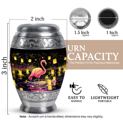 Obsidian Black Flamingo Cremation Urn lifestyle display on memorial shelf - royal flamingo engraving with decorative scrollwork - mini keepsake memorial for portion of cremation ashes