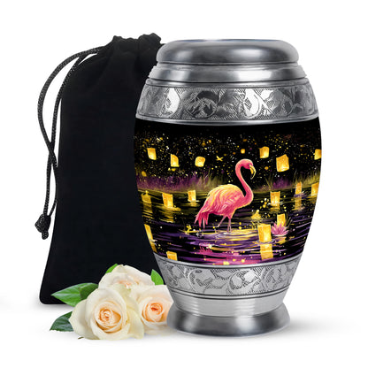 Charcoal Black Flamingo Cremation Urn back view with polished surface - majestic flamingo pattern with filigree border - full-size 10 inch 200 cubic inch adult cremation urn
