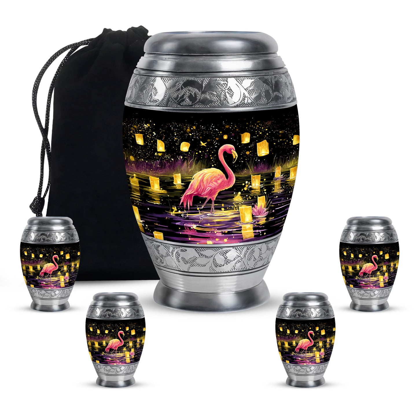 Jet Black Flamingo Cremation Urn detail view - regal flamingo design with crown-inspired accents - memorial set with one large and four small urns