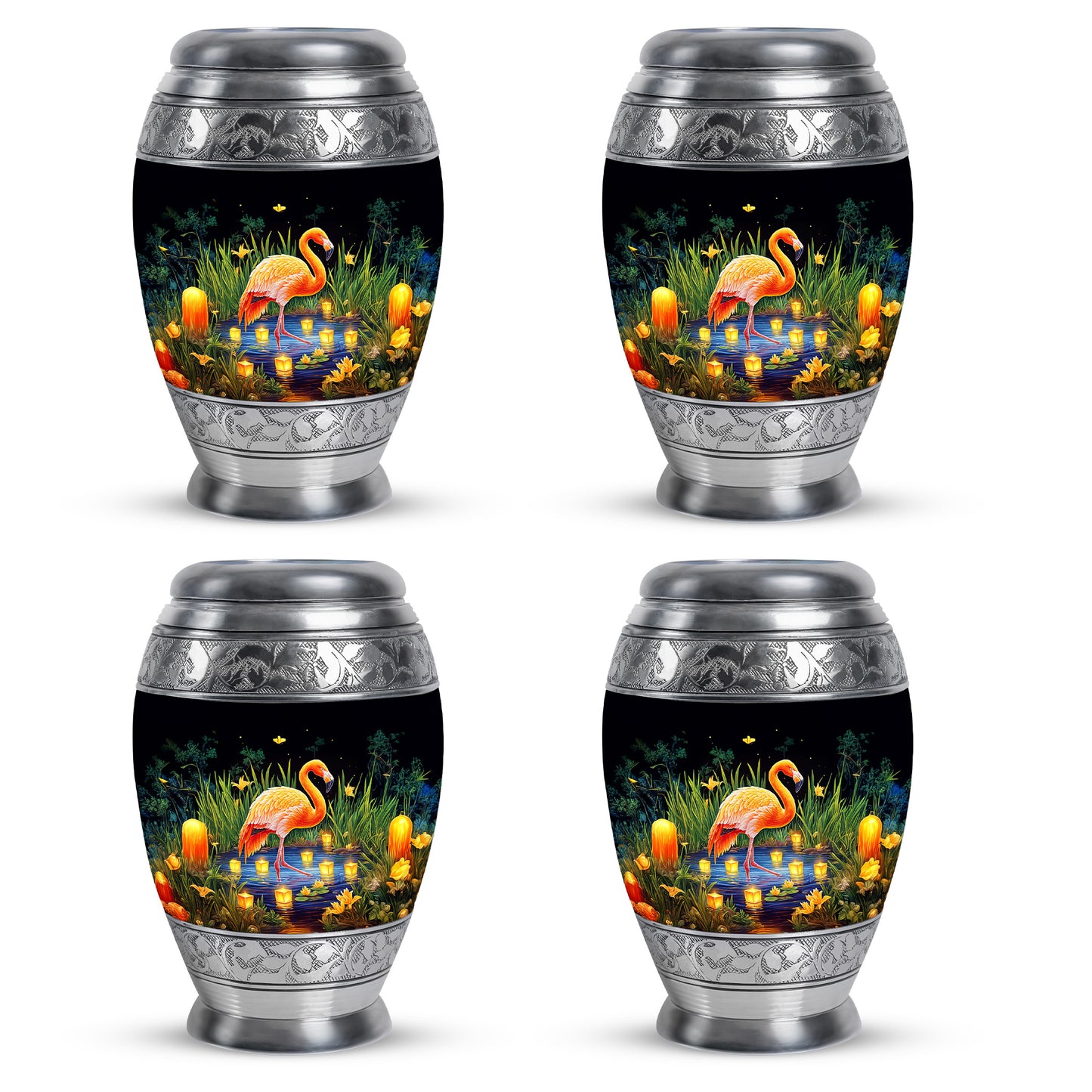 Charcoal Black Flamingo Cremation Urn urn with complimentary velvet bag - majestic flamingo pattern with filigree border - 10 inch aluminum urn for cremated remains