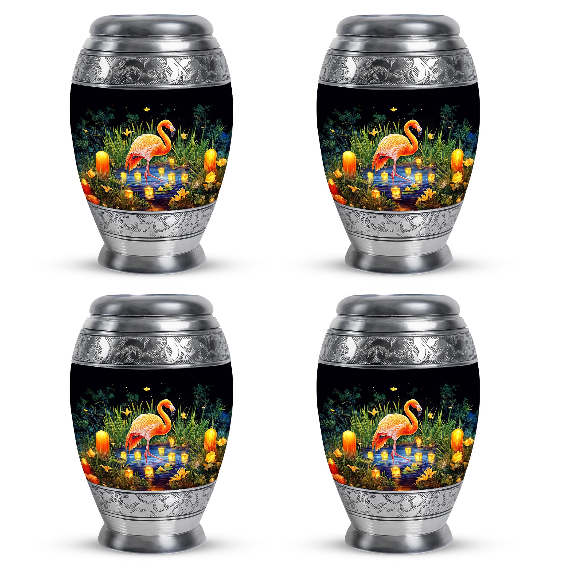 Charcoal Black Flamingo Cremation Urn urn with complimentary velvet bag - majestic flamingo pattern with filigree border - 10 inch aluminum urn for cremated remains