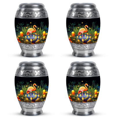 Charcoal Black Flamingo Cremation Urn urn with complimentary velvet bag - majestic flamingo pattern with filigree border - 10 inch aluminum urn for cremated remains