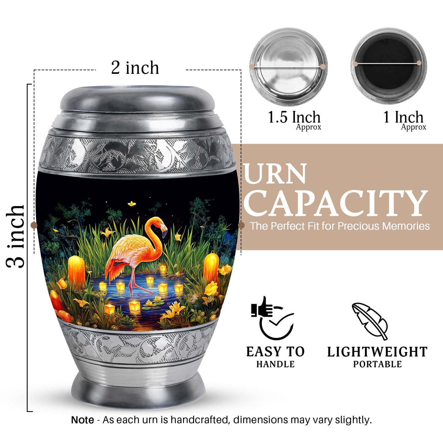 Onyx Black Flamingo Cremation Urn lifestyle display on memorial shelf - majestic flamingo pattern with filigree border - mini keepsake memorial for portion of cremation ashes