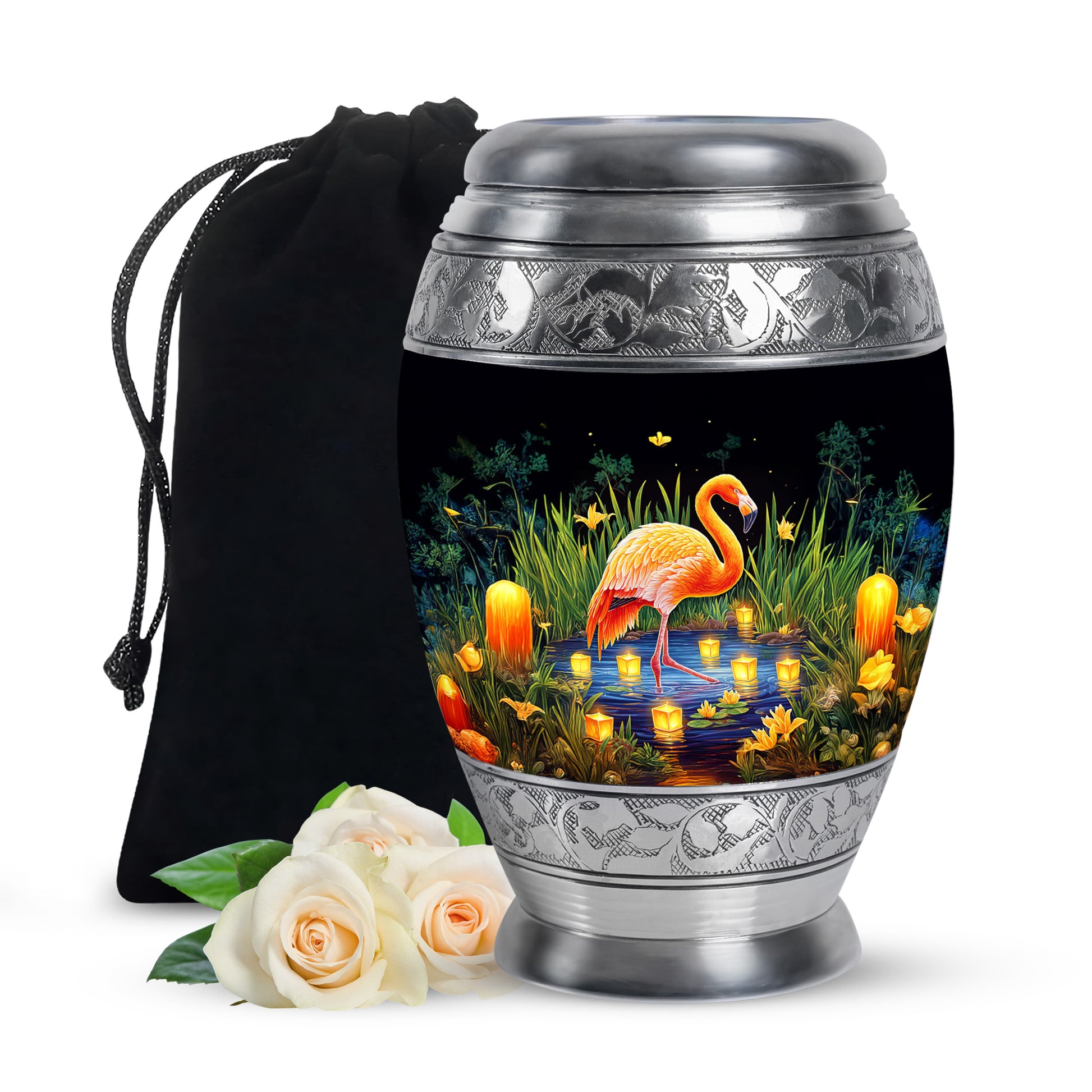 Ebony Flamingo Cremation Urn back view with polished surface - ornate monarch-style flamingo relief on brushed aluminum - full-size 10 inch 200 cubic inch adult cremation urn