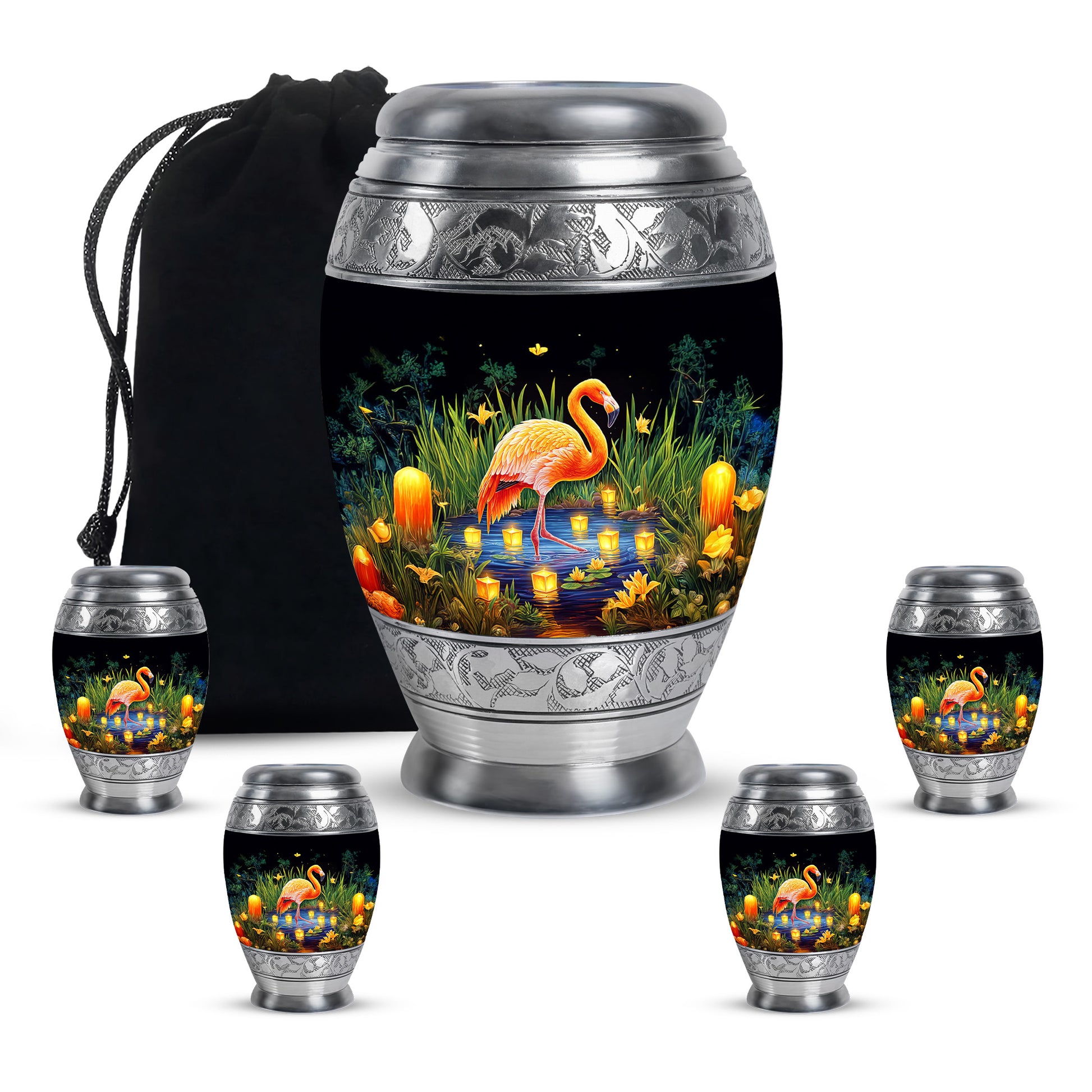 Deep Black Flamingo Cremation Urn detail view - ornate monarch-style flamingo relief on brushed aluminum - memorial set with one large and four small urns