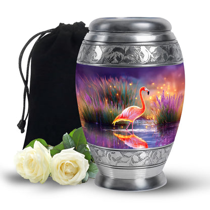 Navy Blue Flamingo Cremation Urn back view with polished surface - ornate monarch-style flamingo relief on brushed aluminum - full-size 10 inch 200 cubic inch adult cremation urn