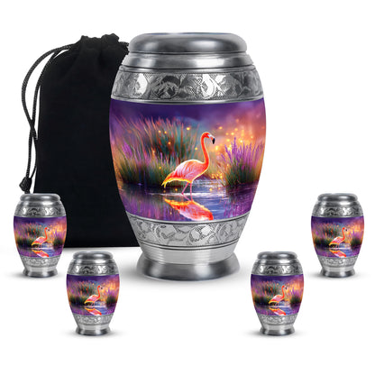 Twilight Blue Flamingo Cremation Urn detail view - royal flamingo engraving with decorative scrollwork - memorial set with one large and four small urns