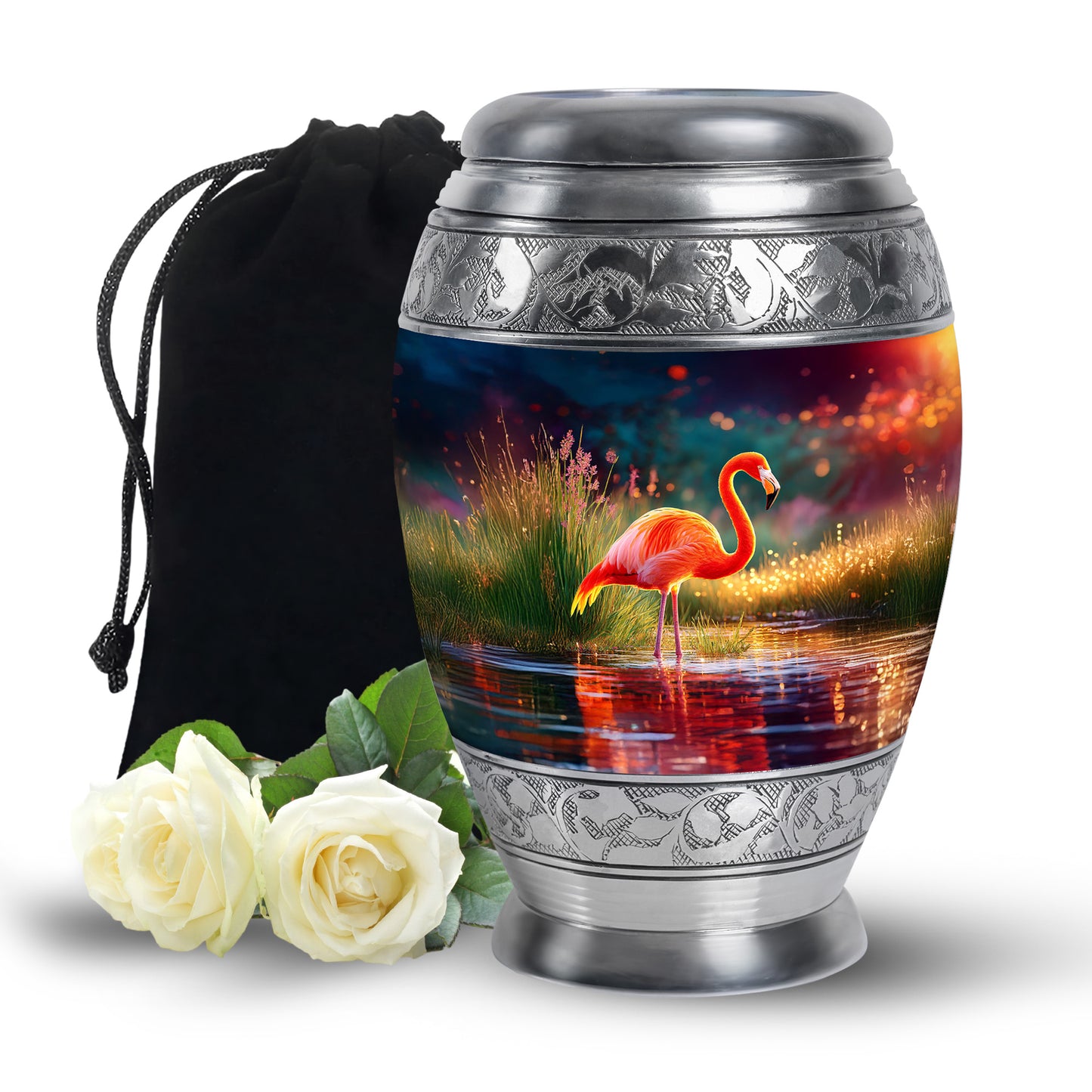 Royal Purple Flamingo Cremation Urn back view with polished surface - royal flamingo engraving with decorative scrollwork - full-size 10 inch 200 cubic inch adult cremation urn