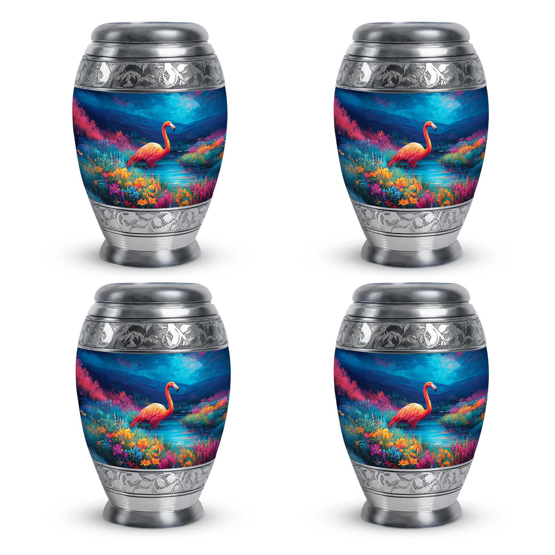 Powder Blue Flamingo Cremation Urn urn with complimentary velvet bag - ornate monarch-style flamingo relief on brushed aluminum - 10 inch aluminum urn for cremated remains