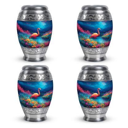 Powder Blue Flamingo Cremation Urn urn with complimentary velvet bag - ornate monarch-style flamingo relief on brushed aluminum - 10 inch aluminum urn for cremated remains