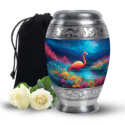 Cornflower Blue Flamingo Cremation Urn back view with polished surface - royal flamingo engraving with decorative scrollwork - full-size 10 inch 200 cubic inch adult cremation urn
