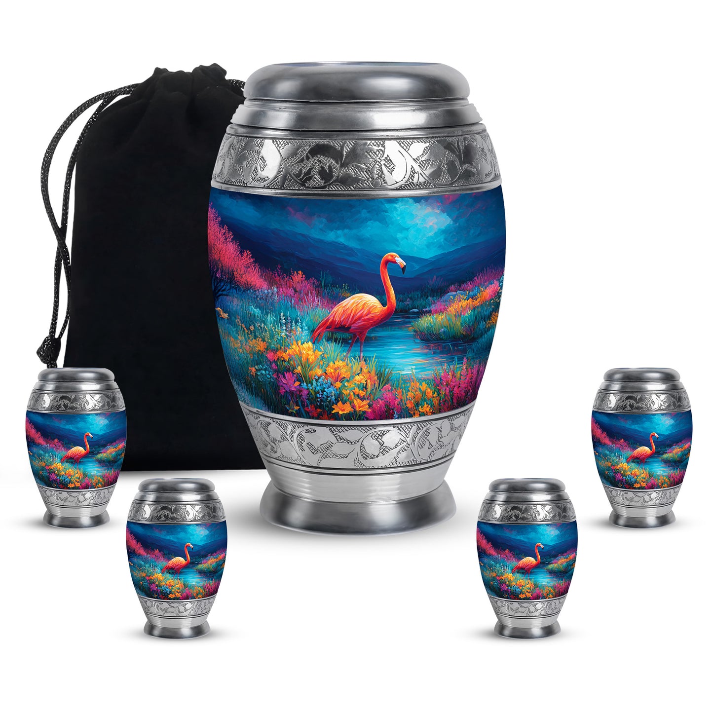 Cobalt Blue Flamingo Cremation Urn detail view - majestic flamingo pattern with filigree border - memorial set with one large and four small urns