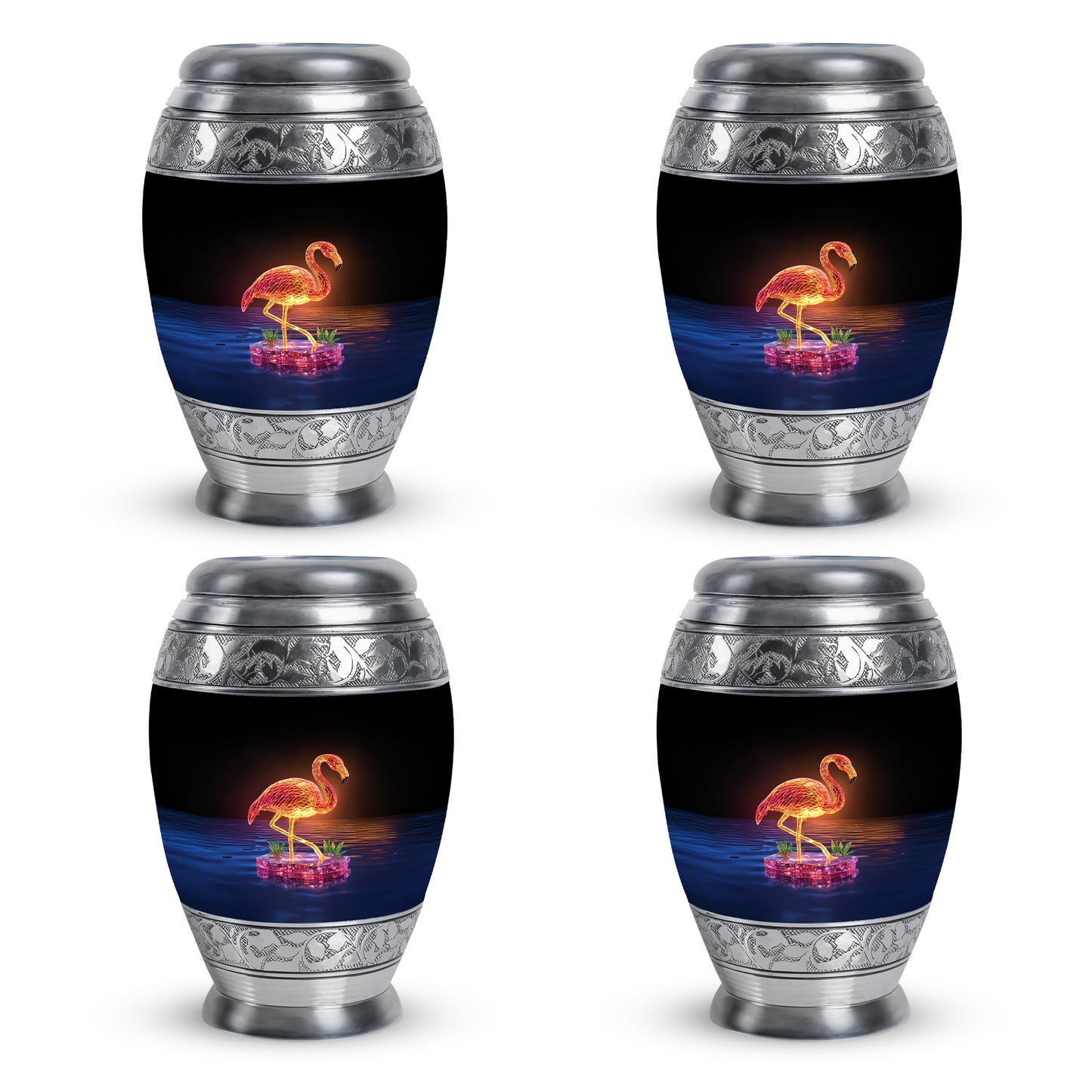 Jet Black Flamingo Cremation Urn urn with complimentary velvet bag - ornate monarch-style flamingo relief on brushed aluminum - 10 inch aluminum urn for cremated remains