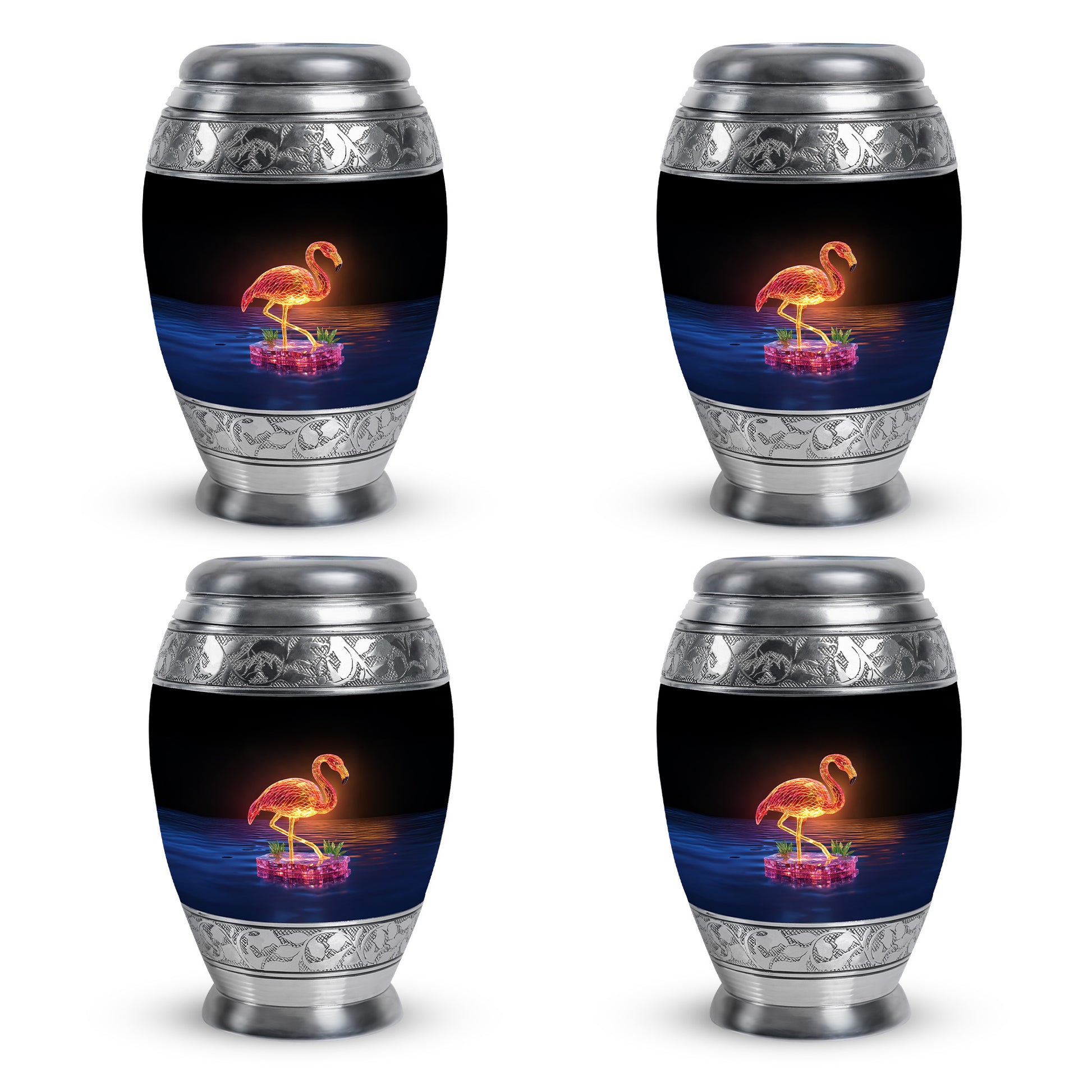 Jet Black Flamingo Cremation Urn urn with complimentary velvet bag - ornate monarch-style flamingo relief on brushed aluminum - 10 inch aluminum urn for cremated remains
