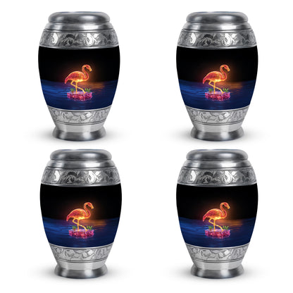 Jet Black Flamingo Cremation Urn urn with complimentary velvet bag - ornate monarch-style flamingo relief on brushed aluminum - 10 inch aluminum urn for cremated remains