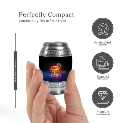 Deep Black Flamingo Cremation Urn lifestyle display on memorial shelf - ornate monarch-style flamingo relief on brushed aluminum - mini keepsake memorial for portion of cremation ashes