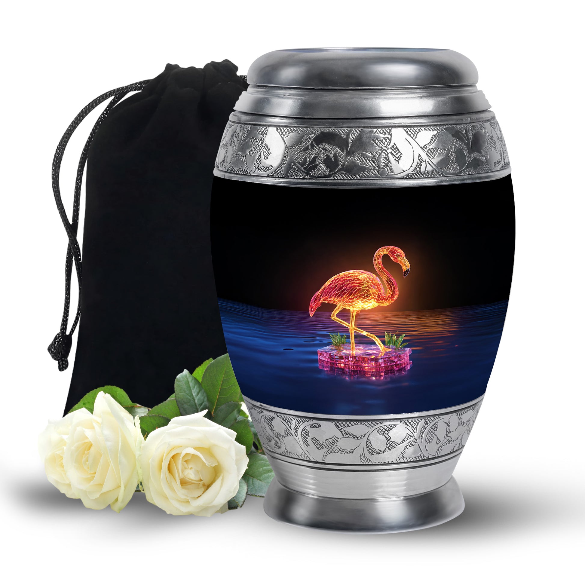 Dark Black Flamingo Cremation Urn back view with polished surface - royal flamingo engraving with decorative scrollwork - full-size 10 inch 200 cubic inch adult cremation urn
