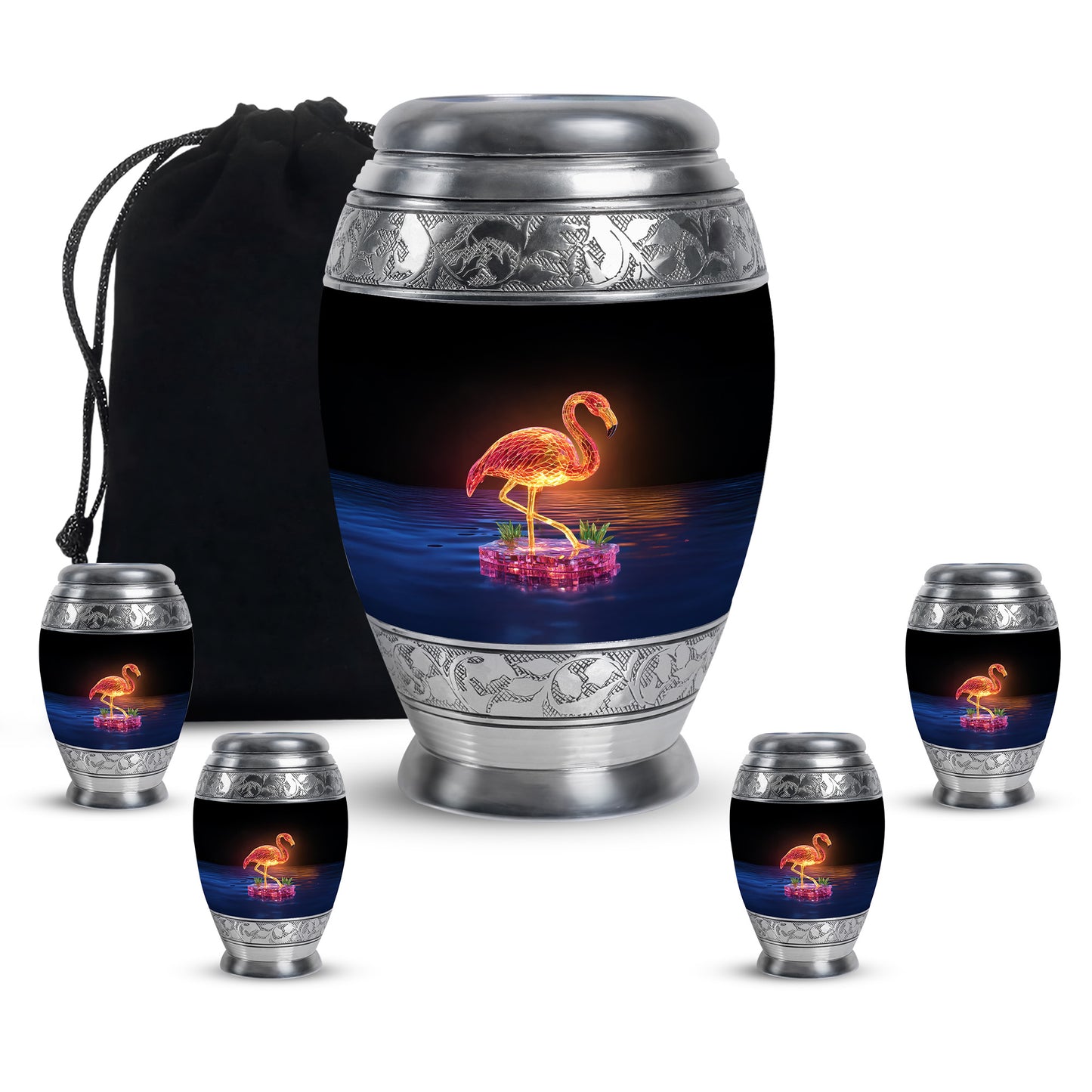 Charcoal Black Flamingo Cremation Urn detail view - majestic flamingo pattern with filigree border - memorial set with one large and four small urns