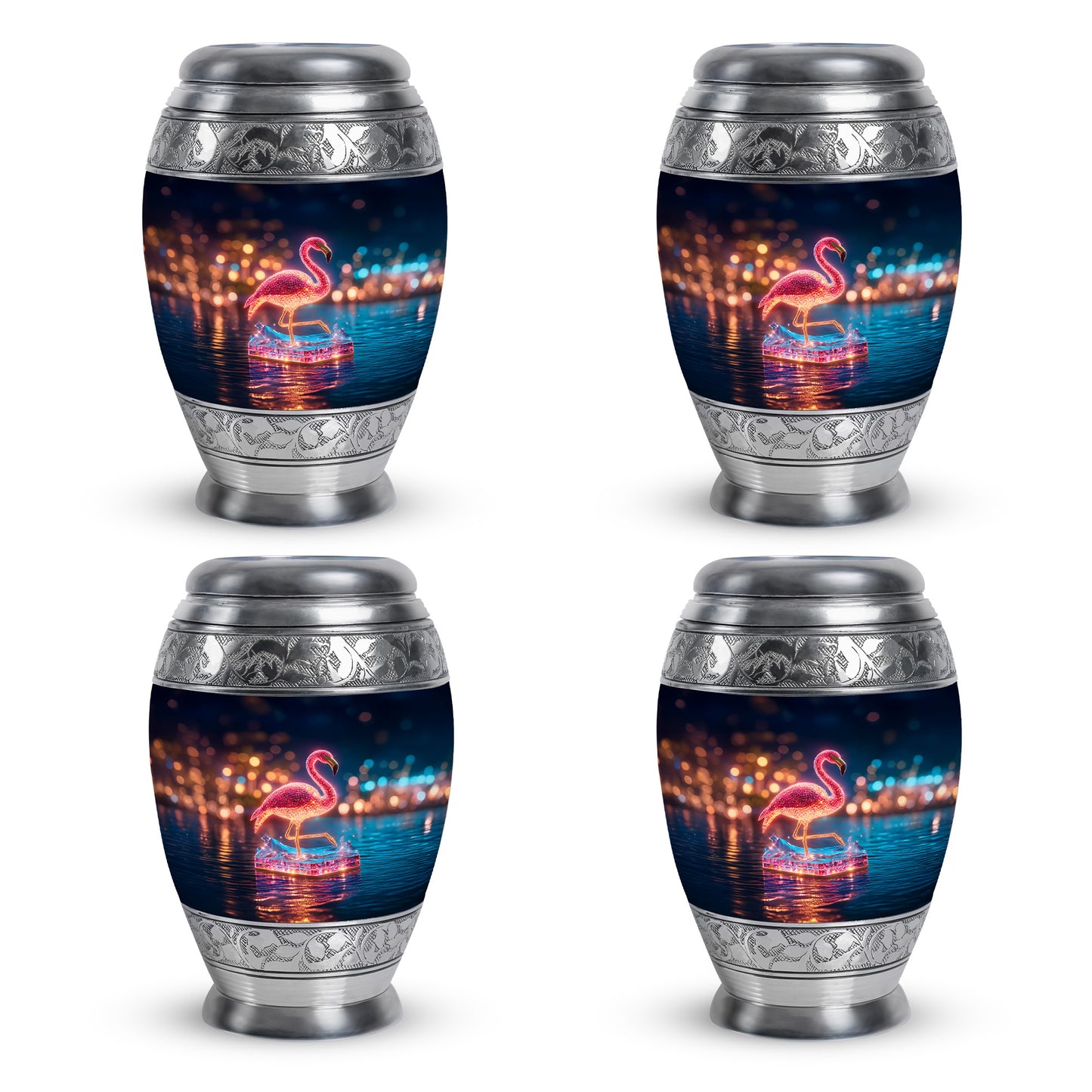 Sapphire Blue Flamingo Cremation Urn urn with complimentary velvet bag - majestic flamingo pattern with filigree border - 10 inch aluminum urn for cremated remains
