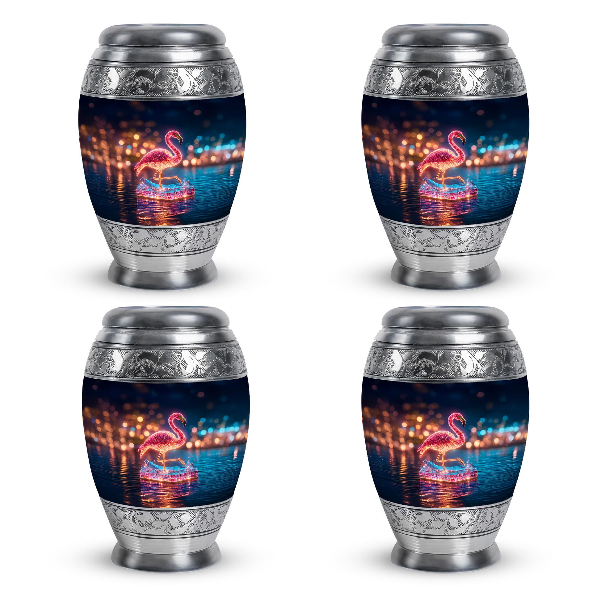 Sapphire Blue Flamingo Cremation Urn urn with complimentary velvet bag - majestic flamingo pattern with filigree border - 10 inch aluminum urn for cremated remains