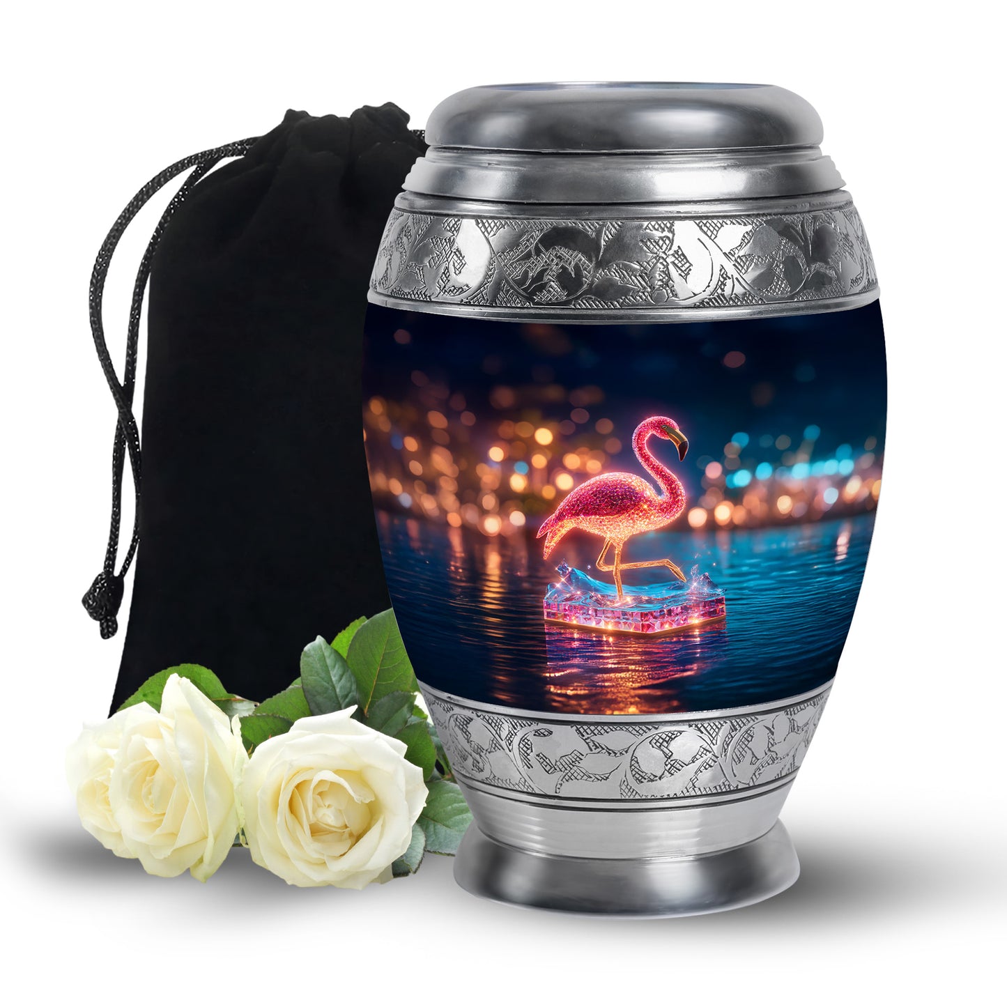 Azure Flamingo Cremation Urn back view with polished surface - regal flamingo design with crown-inspired accents - full-size 10 inch 200 cubic inch adult cremation urn