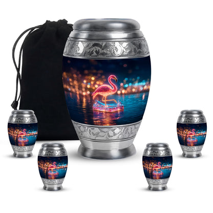 Celestial Blue Flamingo Cremation Urn detail view - regal flamingo design with crown-inspired accents - memorial set with one large and four small urns