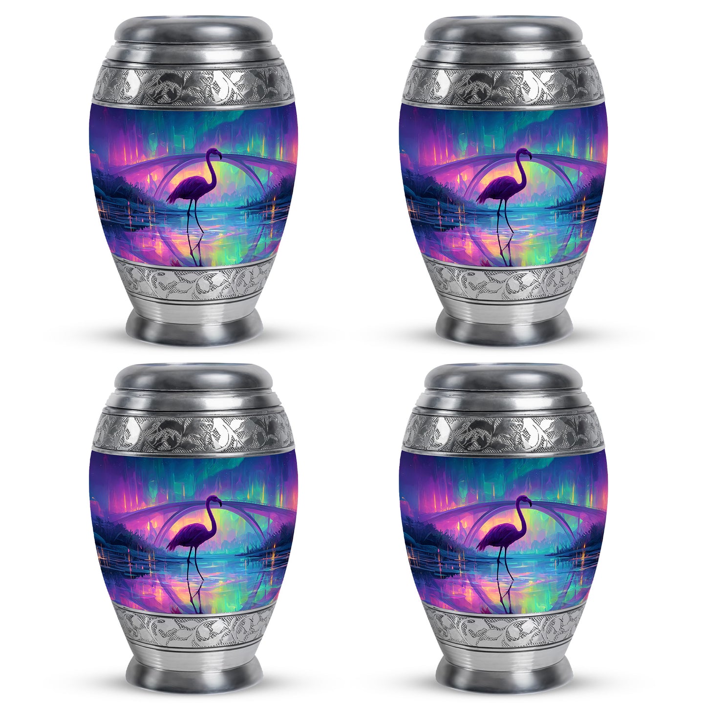 Twilight Blue Flamingo Cremation Urn urn with complimentary velvet bag - royal flamingo engraving with decorative scrollwork - 10 inch aluminum urn for cremated remains