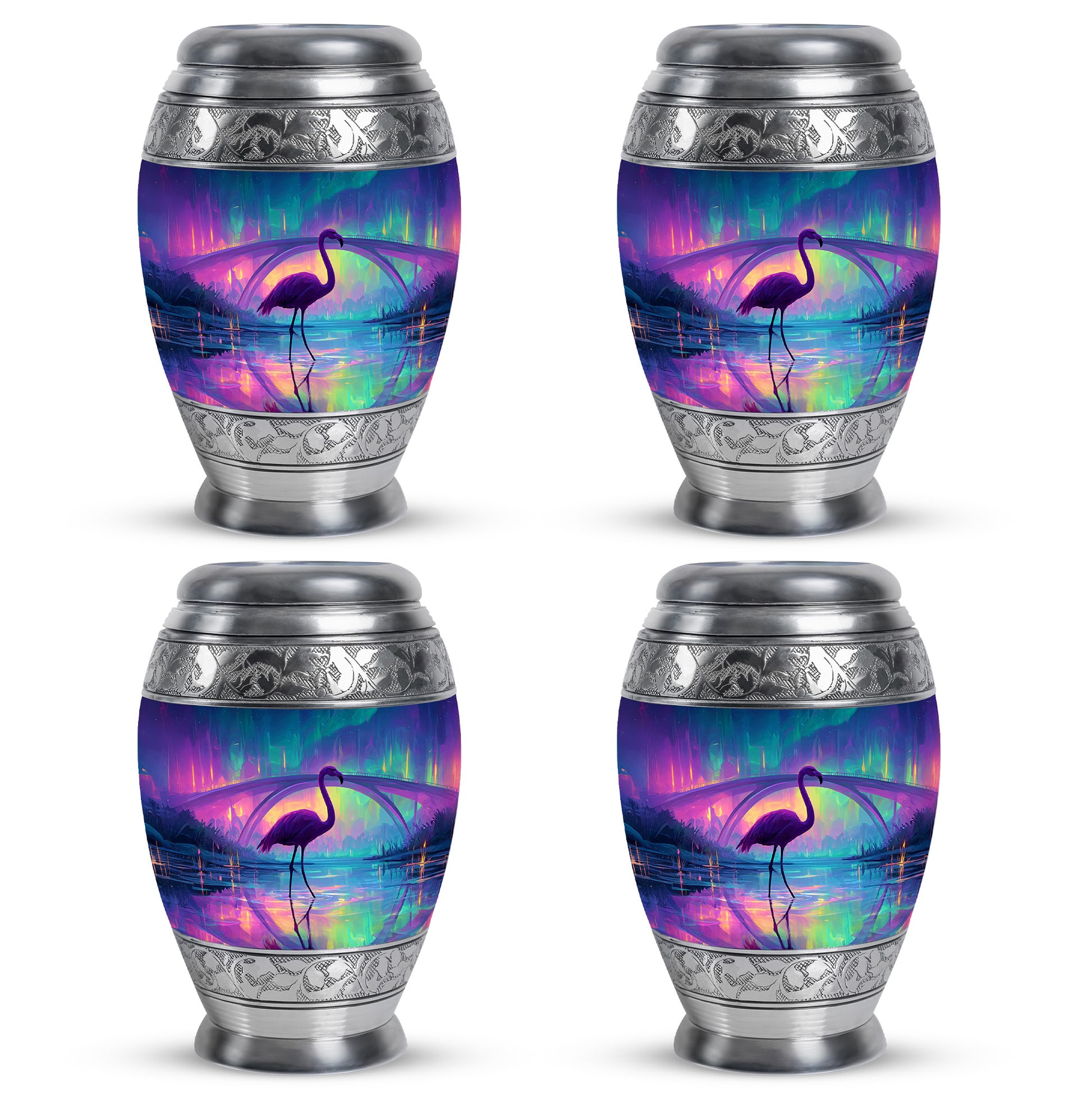 Twilight Blue Flamingo Cremation Urn urn with complimentary velvet bag - royal flamingo engraving with decorative scrollwork - 10 inch aluminum urn for cremated remains