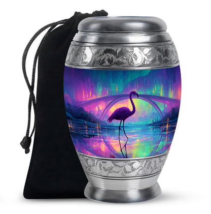 Serene Blue Flamingo Cremation Urn back view with polished surface - royal flamingo engraving with decorative scrollwork - full-size 10 inch 200 cubic inch adult cremation urn