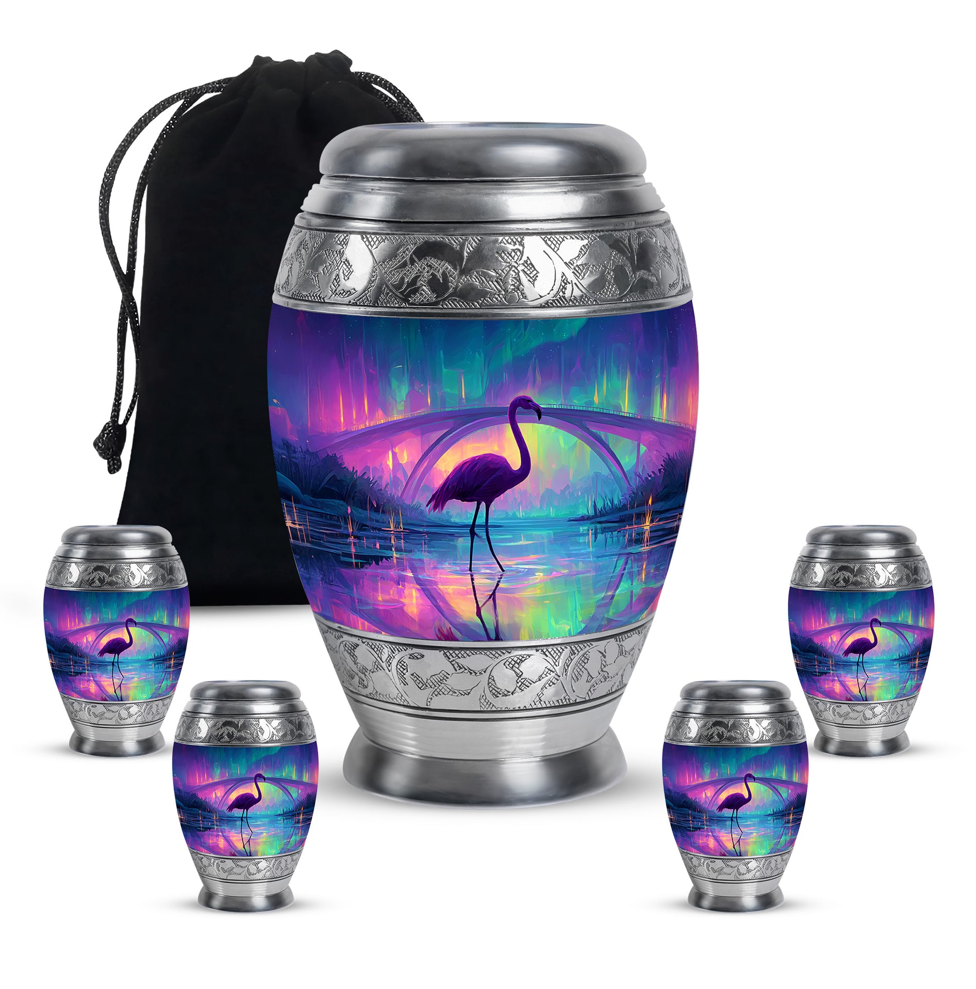 Sapphire Blue Flamingo Cremation Urn detail view - royal flamingo engraving with decorative scrollwork - memorial set with one large and four small urns