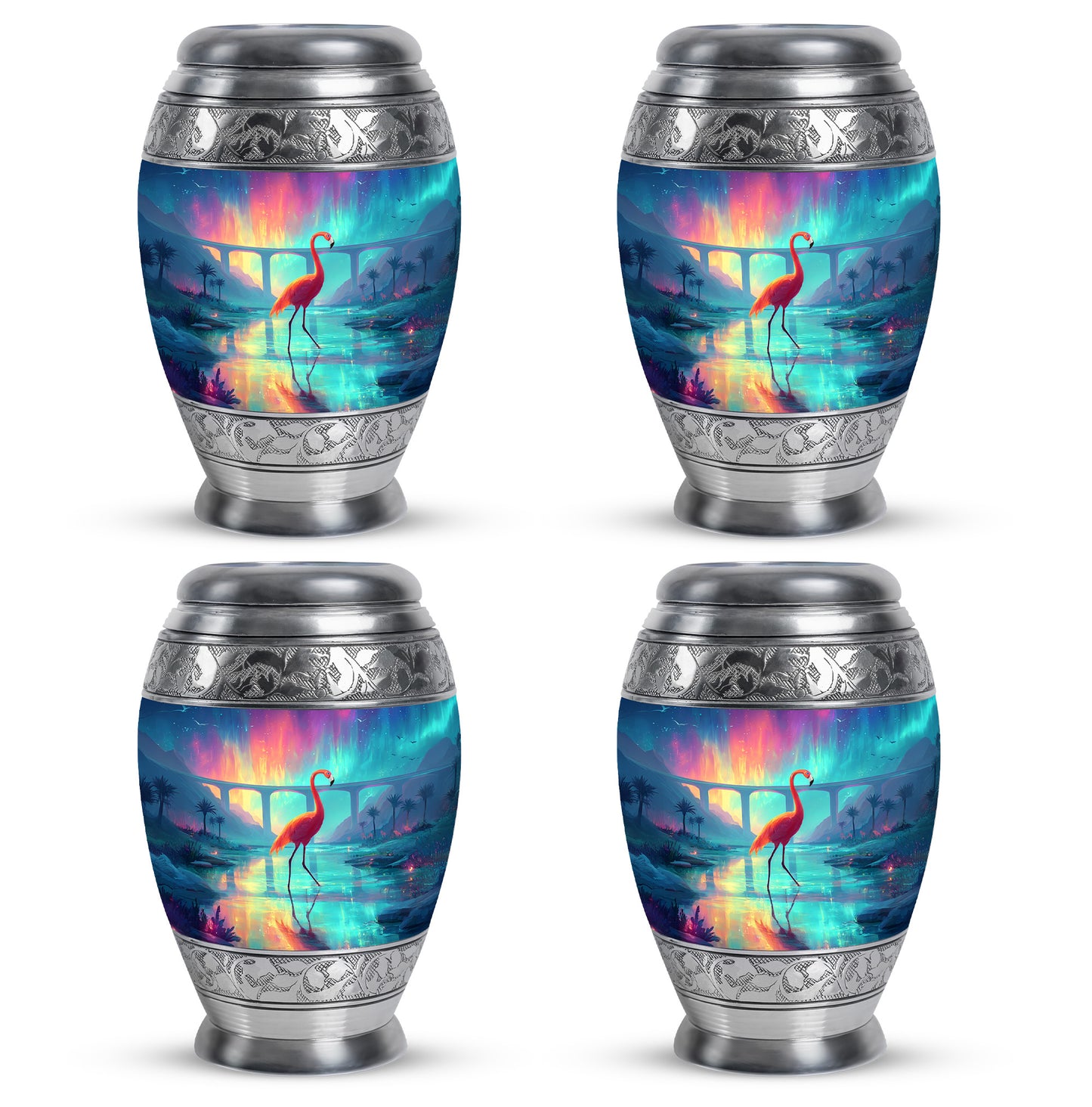 Serene Blue Flamingo Cremation Urn urn with complimentary velvet bag - majestic flamingo pattern with filigree border - 10 inch aluminum urn for cremated remains