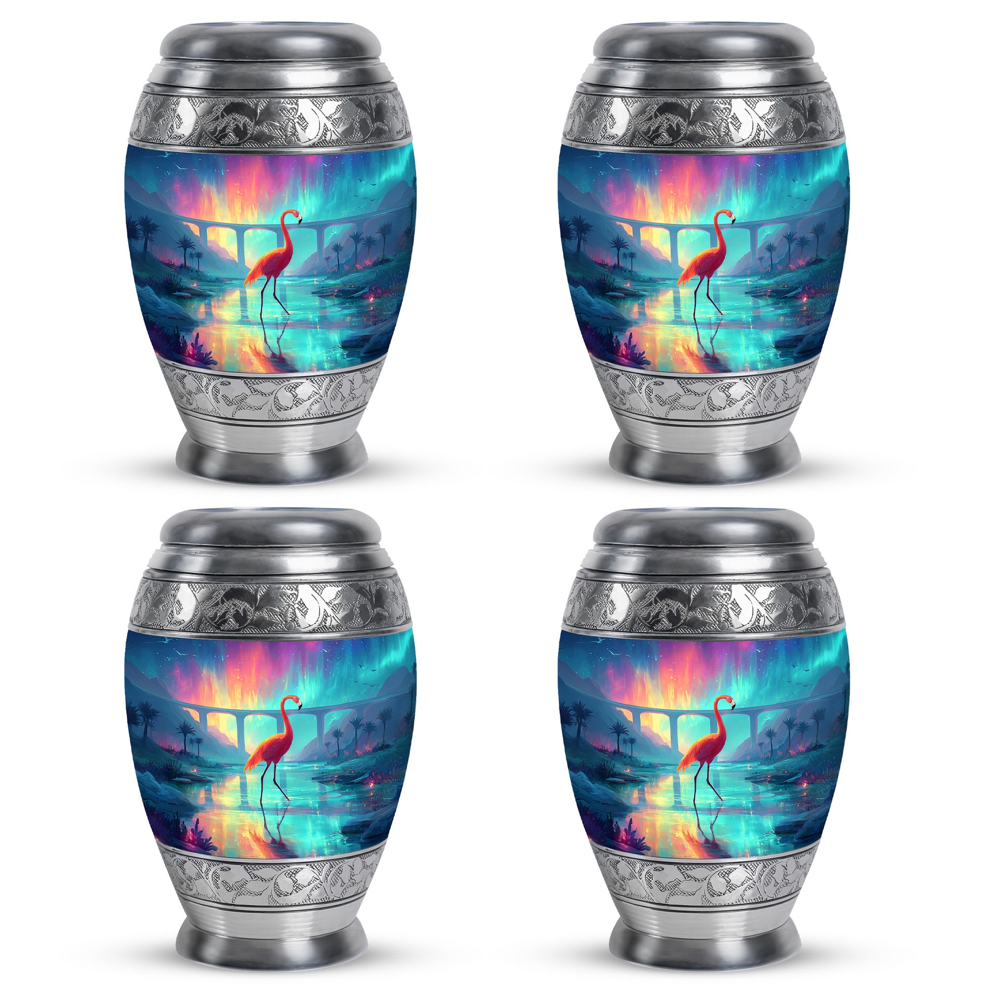 Serene Blue Flamingo Cremation Urn urn with complimentary velvet bag - majestic flamingo pattern with filigree border - 10 inch aluminum urn for cremated remains