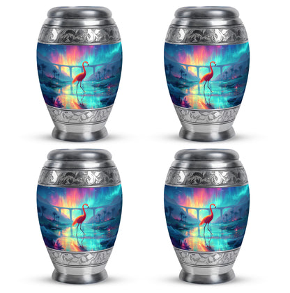 Serene Blue Flamingo Cremation Urn urn with complimentary velvet bag - majestic flamingo pattern with filigree border - 10 inch aluminum urn for cremated remains