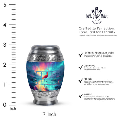 Royal Blue Flamingo Cremation Urn lifestyle display on memorial shelf - royal flamingo engraving with decorative scrollwork - mini keepsake memorial for portion of cremation ashes