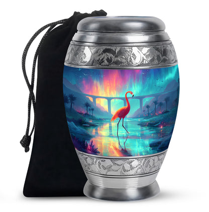 Dusty Blue Flamingo Cremation Urn back view with polished surface - regal flamingo design with crown-inspired accents - full-size 10 inch 200 cubic inch adult cremation urn