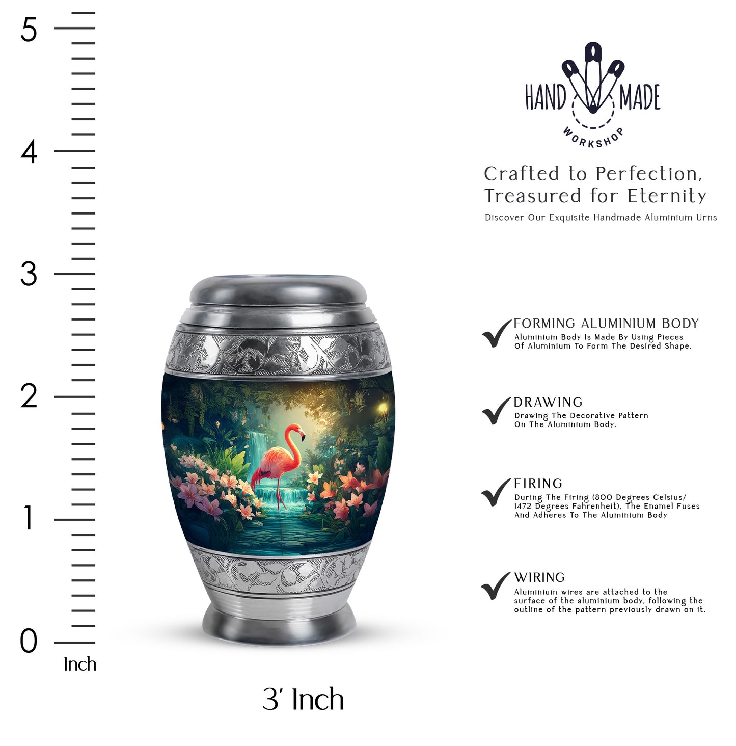 Steel Blue Flamingo Cremation Urn lifestyle display on memorial shelf - royal flamingo engraving with decorative scrollwork - mini keepsake memorial for portion of cremation ashes