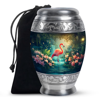 Sky Blue Flamingo Cremation Urn back view with polished surface - ornate monarch-style flamingo relief on brushed aluminum - full-size 10 inch 200 cubic inch adult cremation urn