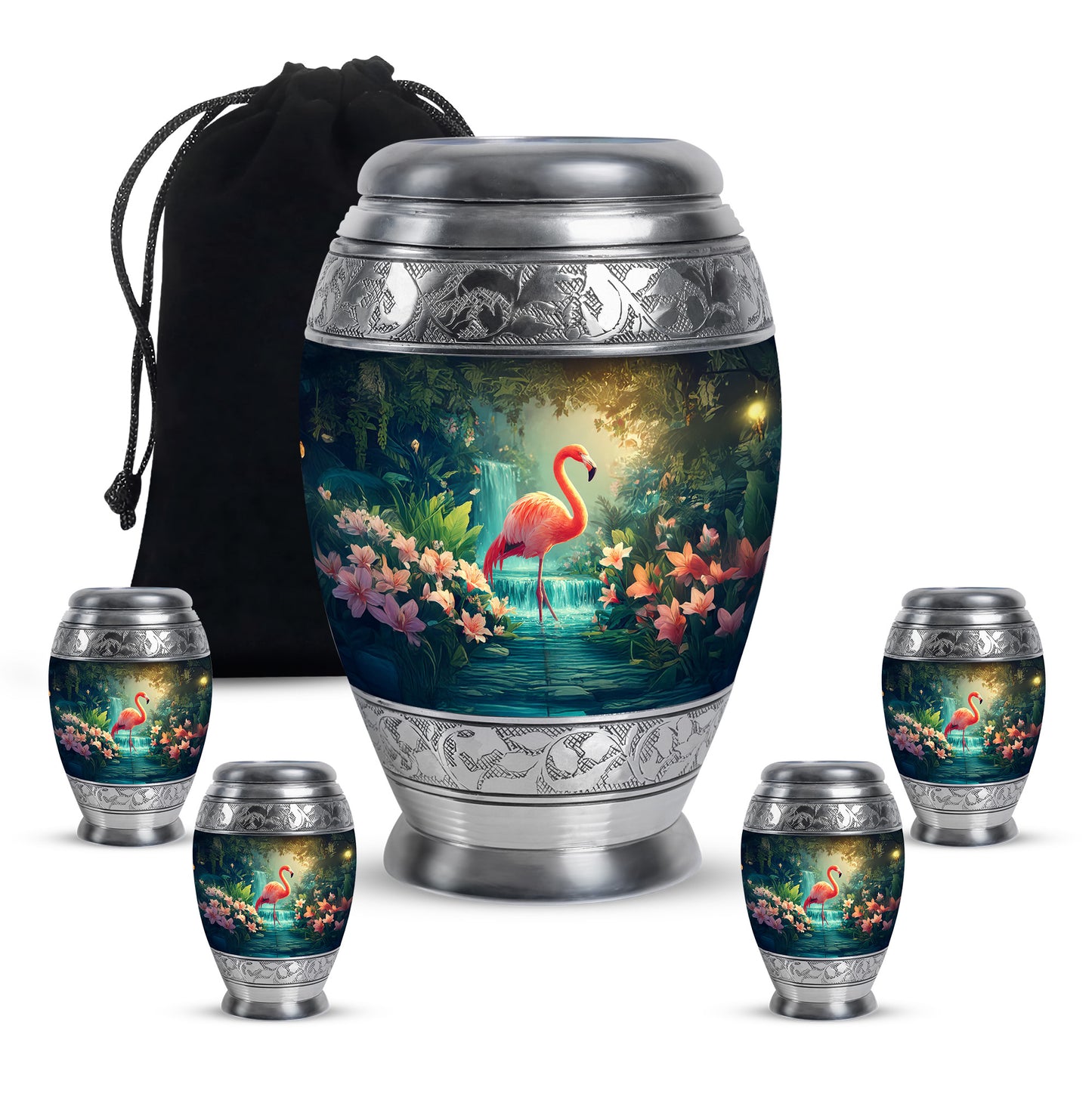 Celestial Blue Flamingo Cremation Urn detail view - ornate monarch-style flamingo relief on brushed aluminum - memorial set with one large and four small urns