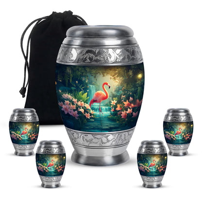 Celestial Blue Flamingo Cremation Urn detail view - ornate monarch-style flamingo relief on brushed aluminum - memorial set with one large and four small urns
