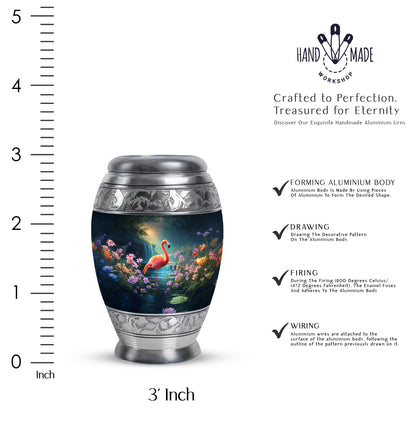 Sapphire Blue Flamingo Cremation Urn lifestyle display on memorial shelf - royal flamingo engraving with decorative scrollwork - mini keepsake memorial for portion of cremation ashes