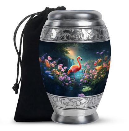 Slate Blue Flamingo Cremation Urn back view with polished surface - regal flamingo design with crown-inspired accents - full-size 10 inch 200 cubic inch adult cremation urn