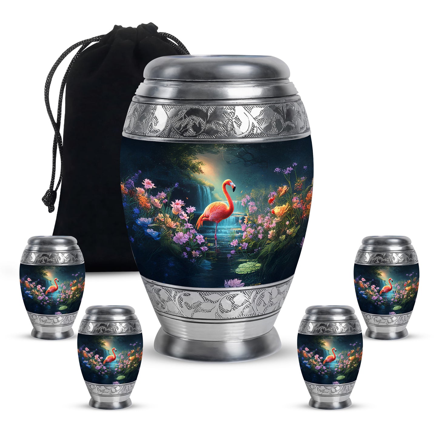 Pastel Blue Flamingo Cremation Urn detail view - regal flamingo design with crown-inspired accents - memorial set with one large and four small urns